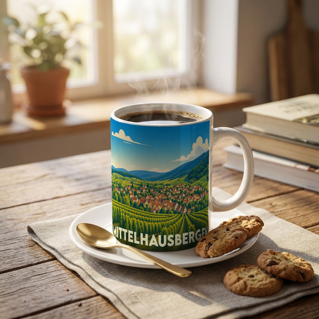 Mug souvenir de la ville de Mittelhausbergen illustré d'un paysage de vignobles et de collines stylisé.