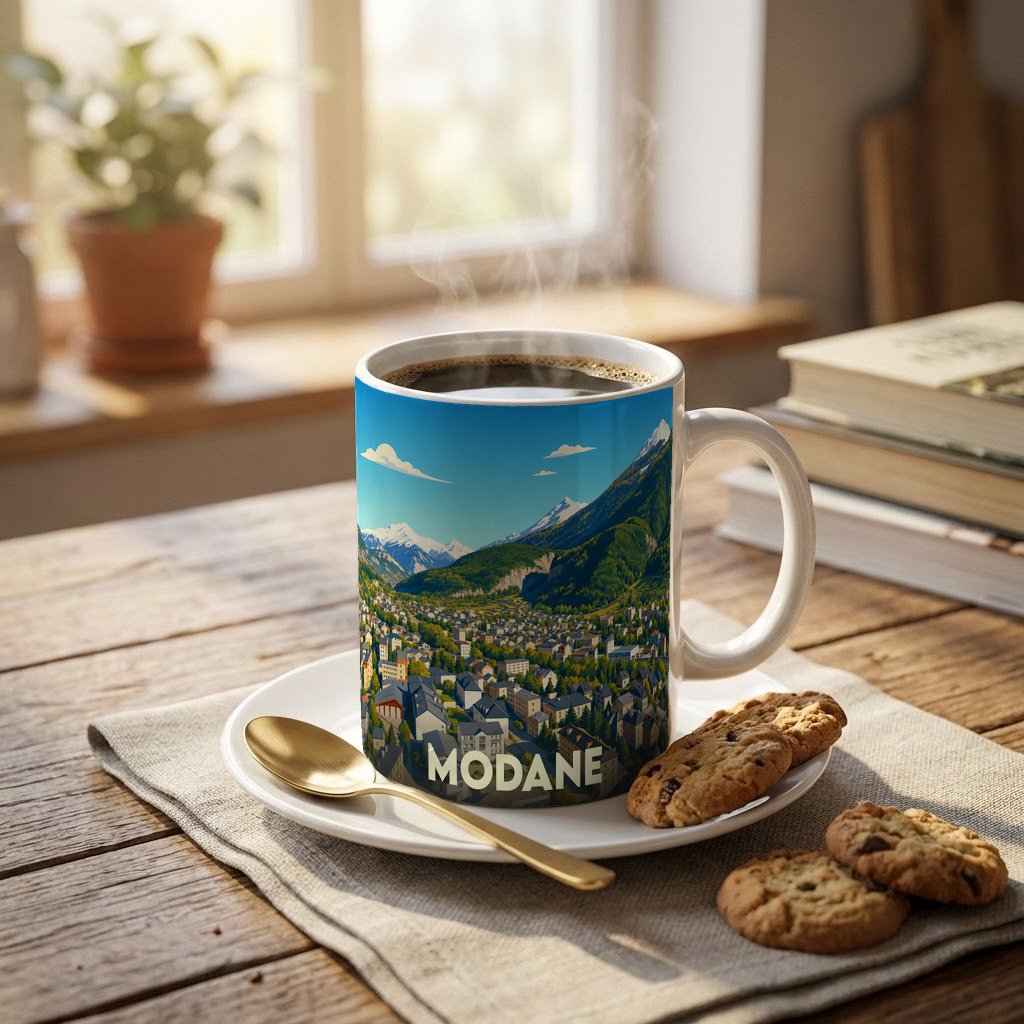 Mug souvenir de la ville de Modane orné d'une illustration panoramique des montagnes et de la vallée.