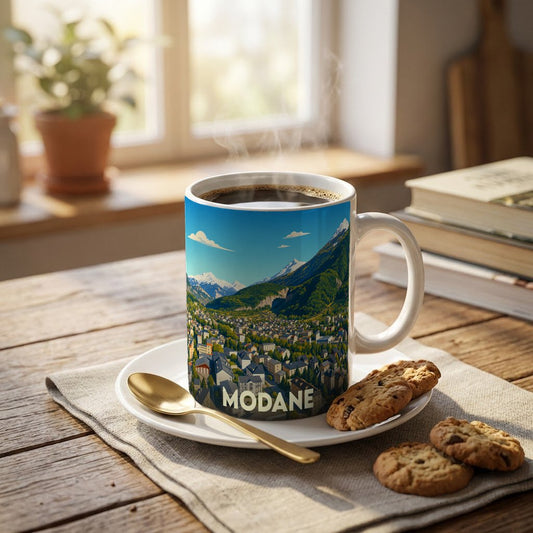 Mug souvenir de la ville de Modane orné d'une illustration panoramique des montagnes et de la vallée.