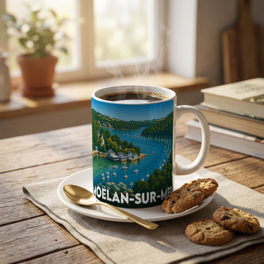 Mug souvenir de la ville de Moëlan-sur-Mer avec une illustration stylisée d'un port côtier.