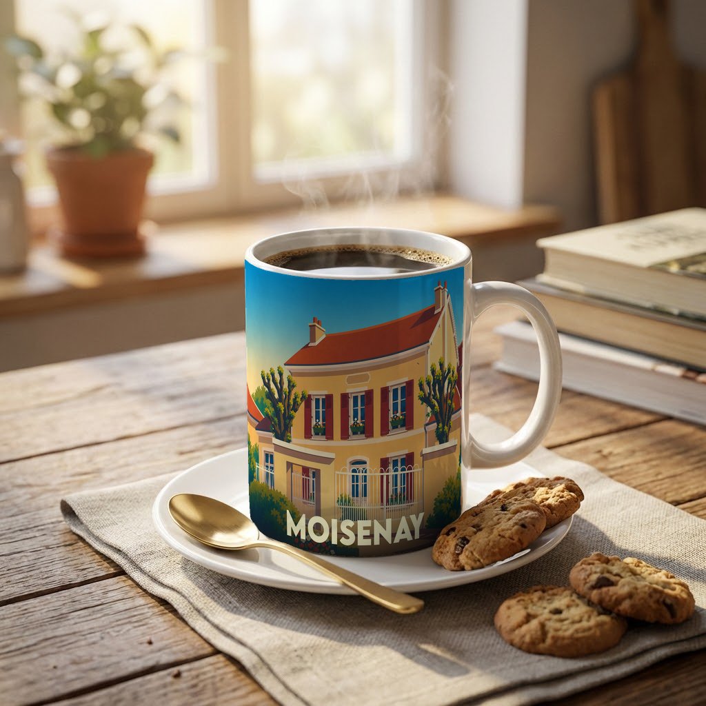 Mug souvenir de la ville de Moisenay avec une illustration colorée et stylisée d'une maison traditionnelle.