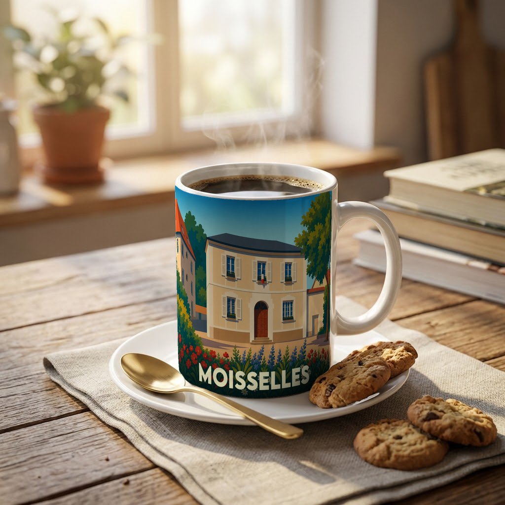 Mug souvenir de la ville de Moisselles avec une illustration stylisée d'un bâtiment typique.
