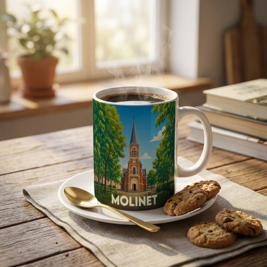Mug souvenir de la ville de Molinet avec une illustration stylisée de son église entourée d'arbres.
