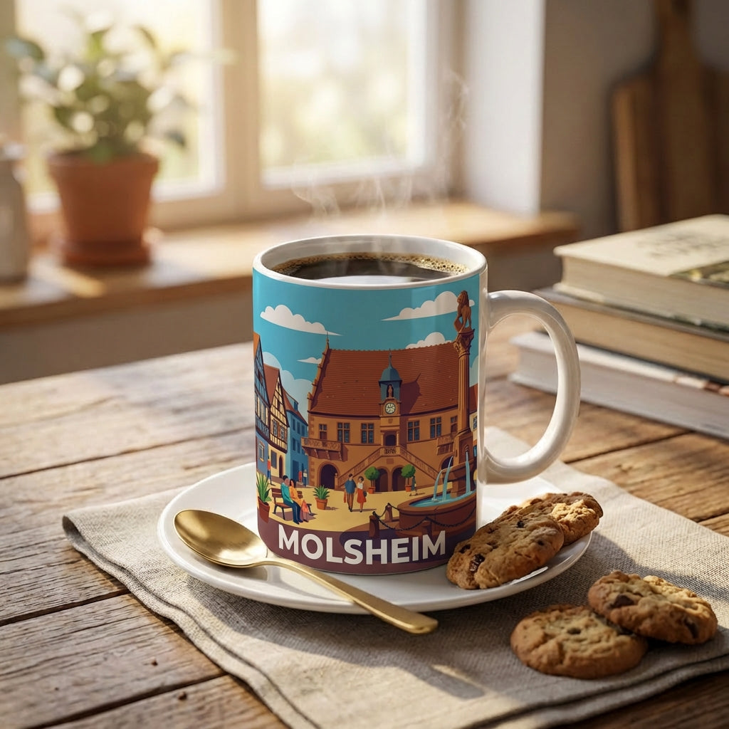 Mug souvenir de la ville de Molsheim avec une illustration stylisée de son centre historique.
