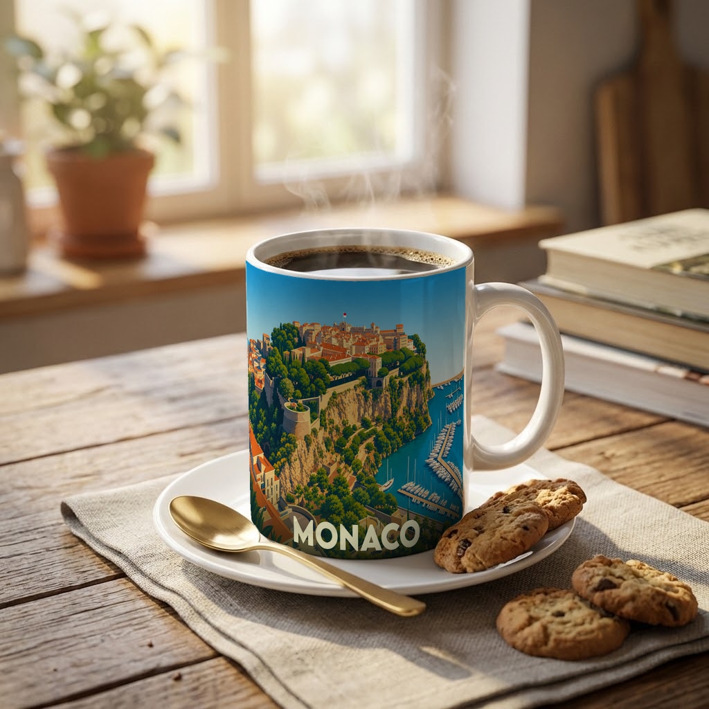 Mug souvenir de la ville de Monaco orné d'une illustration stylisée du Rocher et de son port.
