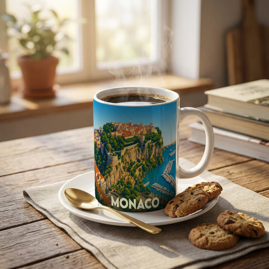Mug souvenir de la ville de Monaco orné d'une illustration stylisée du Rocher et de son port.