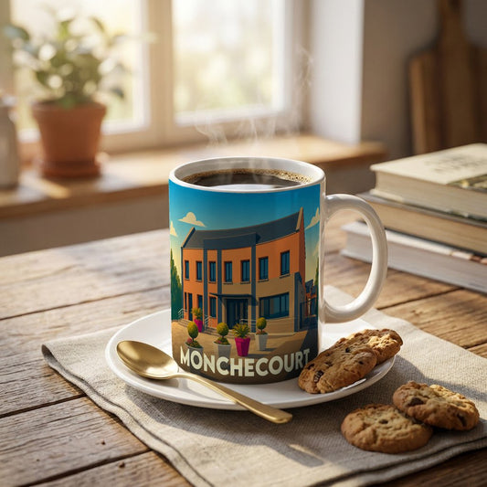 Mug souvenir de la ville de Monchecourt avec une illustration stylisée d'un bâtiment urbain.