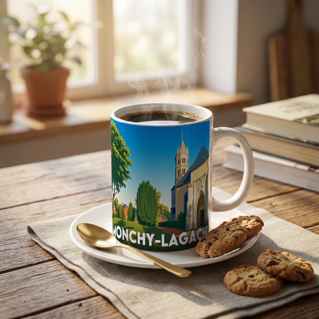 Mug souvenir de la ville de Monchy-Lagache avec une illustration stylisée d'une église et de paysages verdoyants.