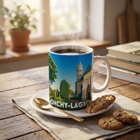 Mug souvenir de la ville de Monchy-Lagache avec une illustration stylisée d'une église et de paysages verdoyants.