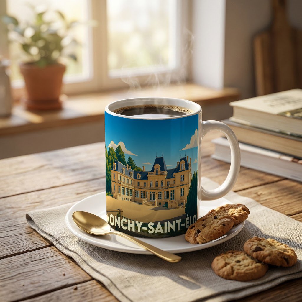 Mug souvenir de la ville de Monchy-Saint-Éloi avec une illustration stylisée d'un château.