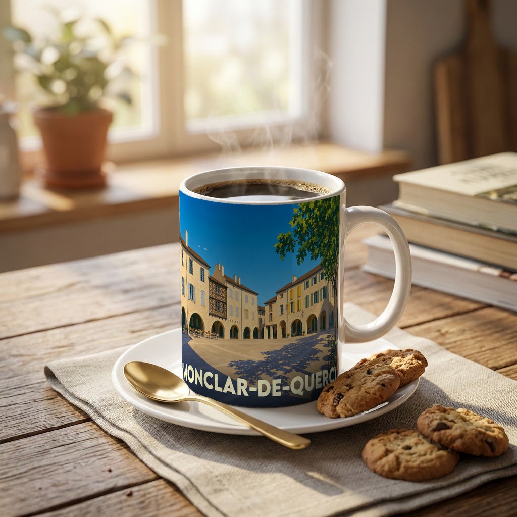 Mug souvenir de la ville de Monclar-de-Quercy avec une illustration stylisée de sa place principale.