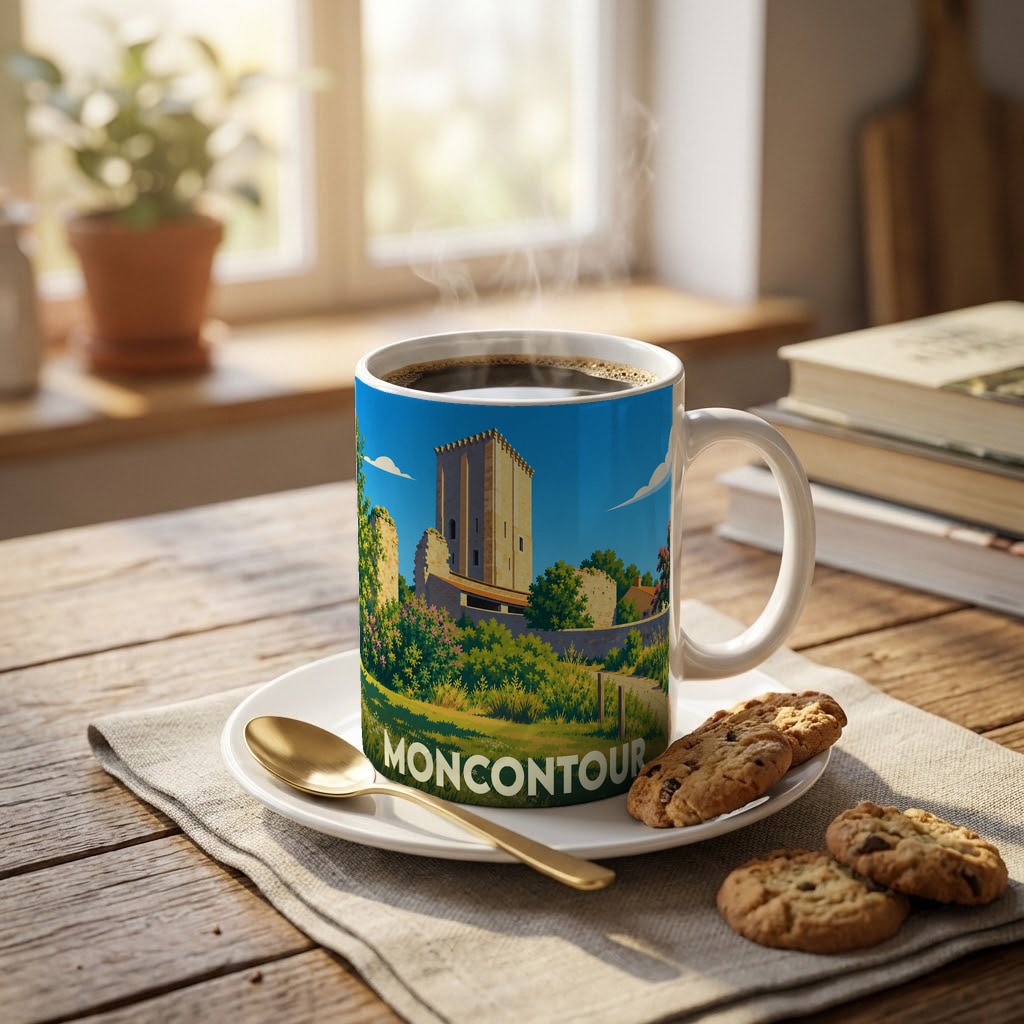 Mug souvenir de la ville de Moncontour orné d'une illustration stylisée de son donjon médiéval.