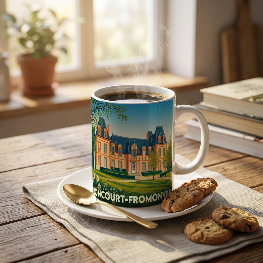 Mug souvenir de la ville de Moncourt-Fromonville avec une illustration stylisée de son château.