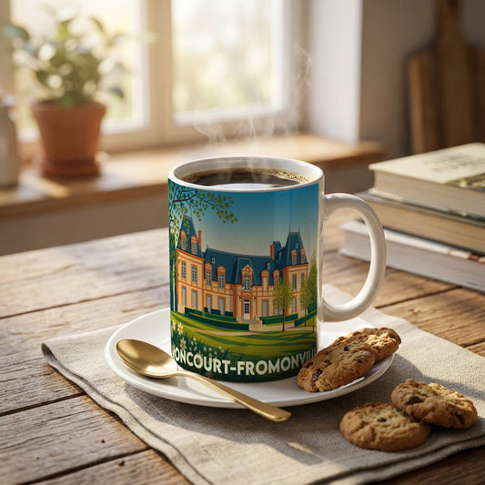 Mug souvenir de la ville de Moncourt-Fromonville avec une illustration stylisée de son château.