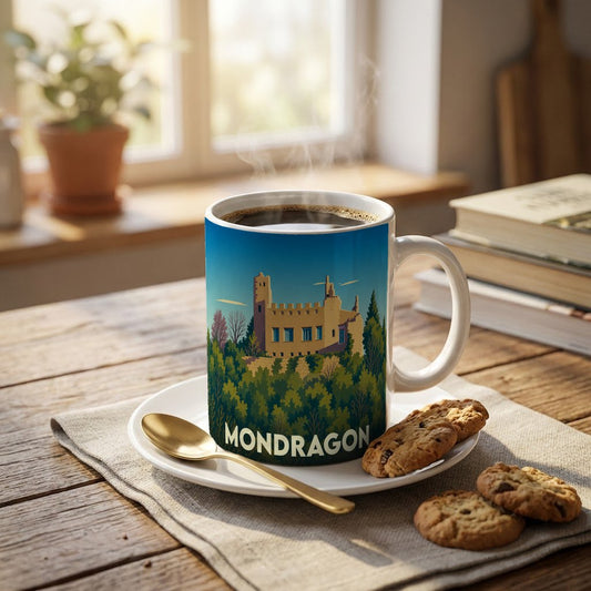 Mug souvenir de la ville de Mondragon orné d'une illustration stylisée représentant un château.