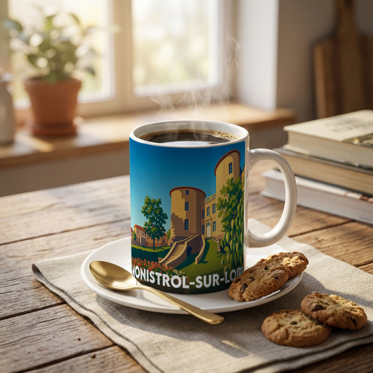 Mug souvenir de la ville de Monistrol-sur-Loire avec une illustration stylisée d'un château.