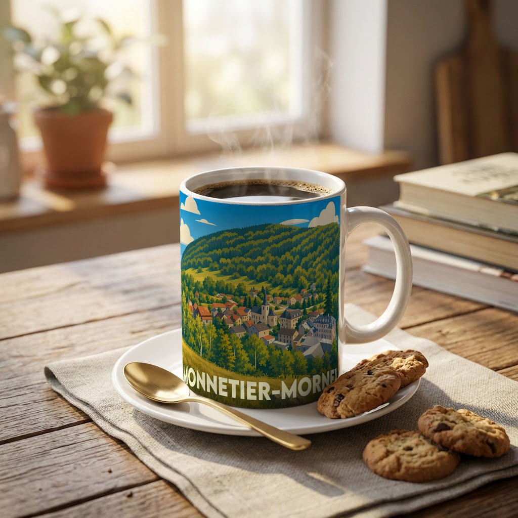 Mug souvenir de la ville de Monnetier-Mornex orné d'une illustration stylisée du village niché dans une colline boisée.