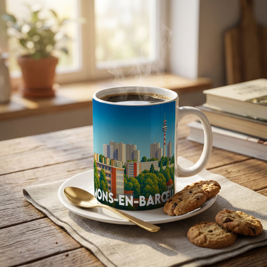 Mug souvenir de la ville de Mons-en-Barœul avec une illustration stylisée.