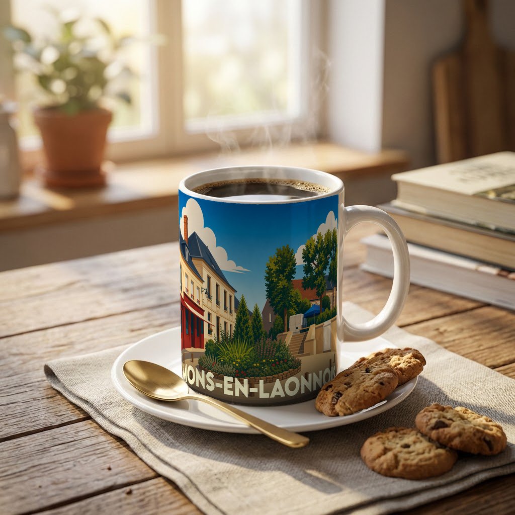 Mug souvenir de la ville de Mons-en-Laonnois avec une illustration stylisée.