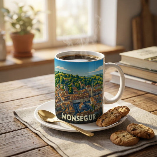 Mug souvenir de la ville de Monségur orné d'une illustration panoramique colorée.
