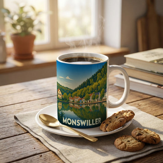 Mug souvenir de la ville de Monswiller illustré d'un paysage lacustre stylisé.
