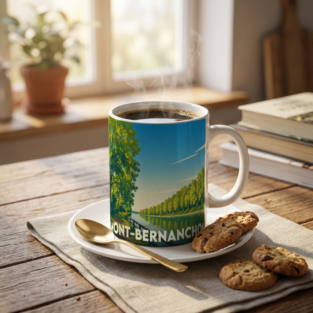 Mug souvenir de la ville de Mont-Bernanchon avec une illustration stylisée d'un canal bordé d'arbres.