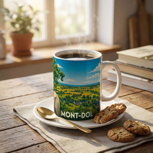 Mug souvenir de la ville de Mont-Dol illustré d'un paysage panoramique verdoyant.