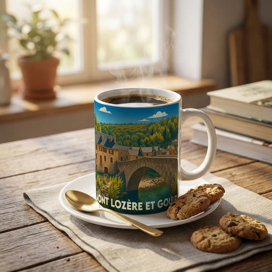 Mug souvenir de la ville de Mont Lozère et Goulet avec une illustration stylisée de son pont et de ses maisons.