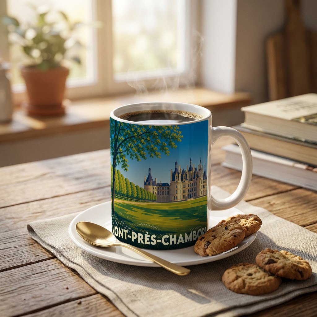 Mug souvenir de la ville de Mont-près-Chambord avec une illustration stylisée d'un château.