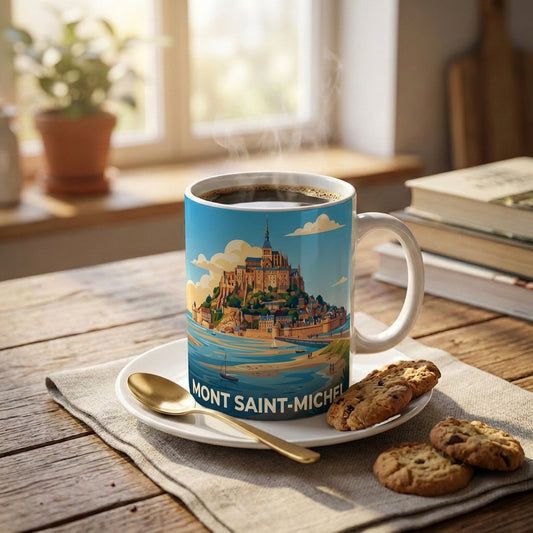 Mug souvenir du Mont Saint-Michel avec une illustration stylisée.