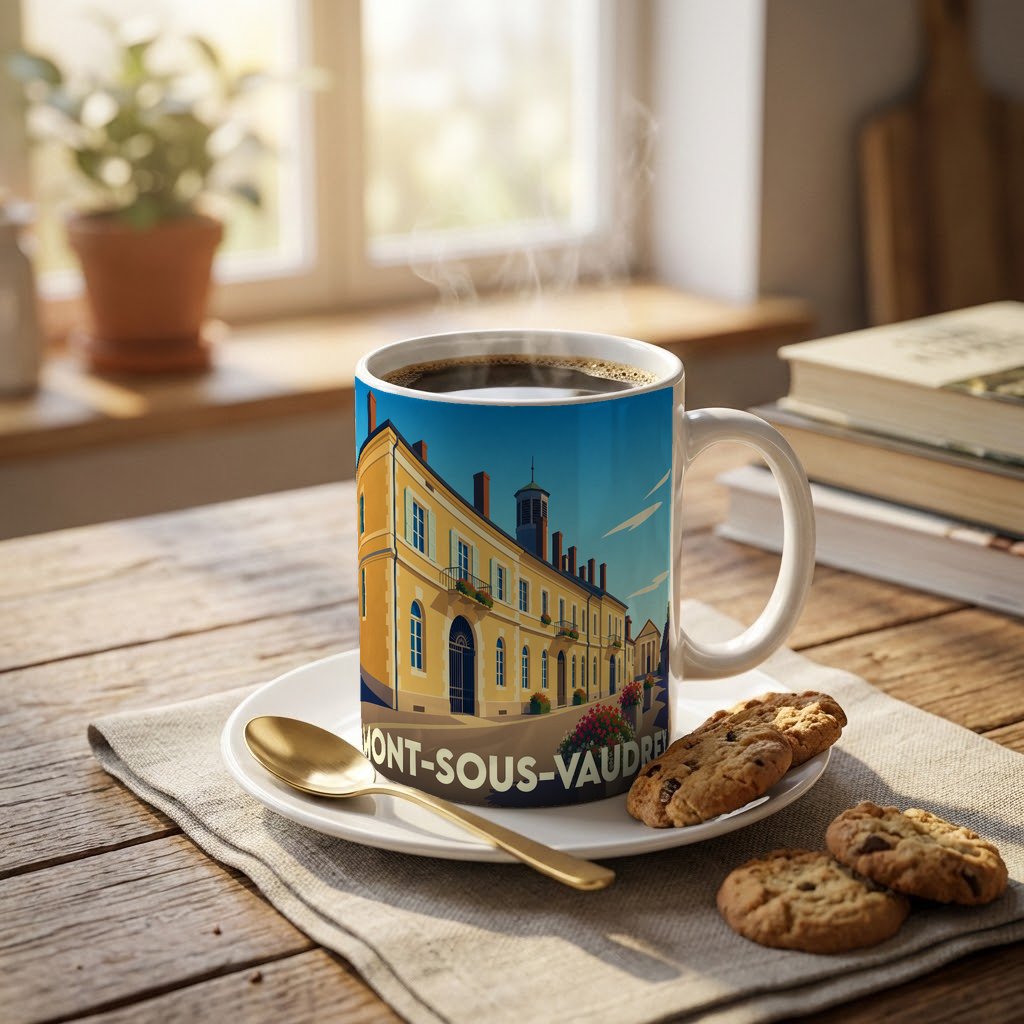 Mug souvenir de la ville de Mont-sous-Vaudrey avec une illustration stylisée.