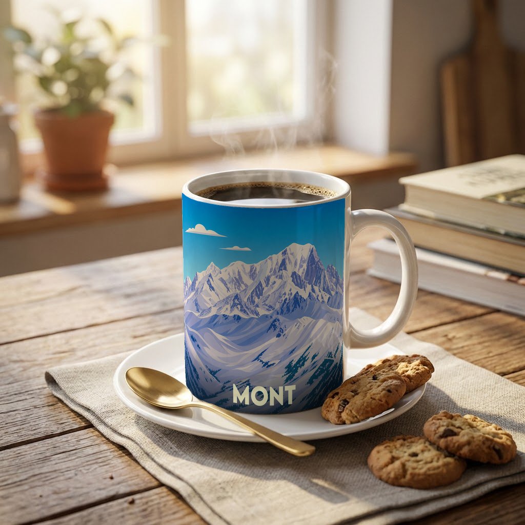 Mug souvenir de la ville de Mont avec une illustration stylisée de montagnes enneigées.