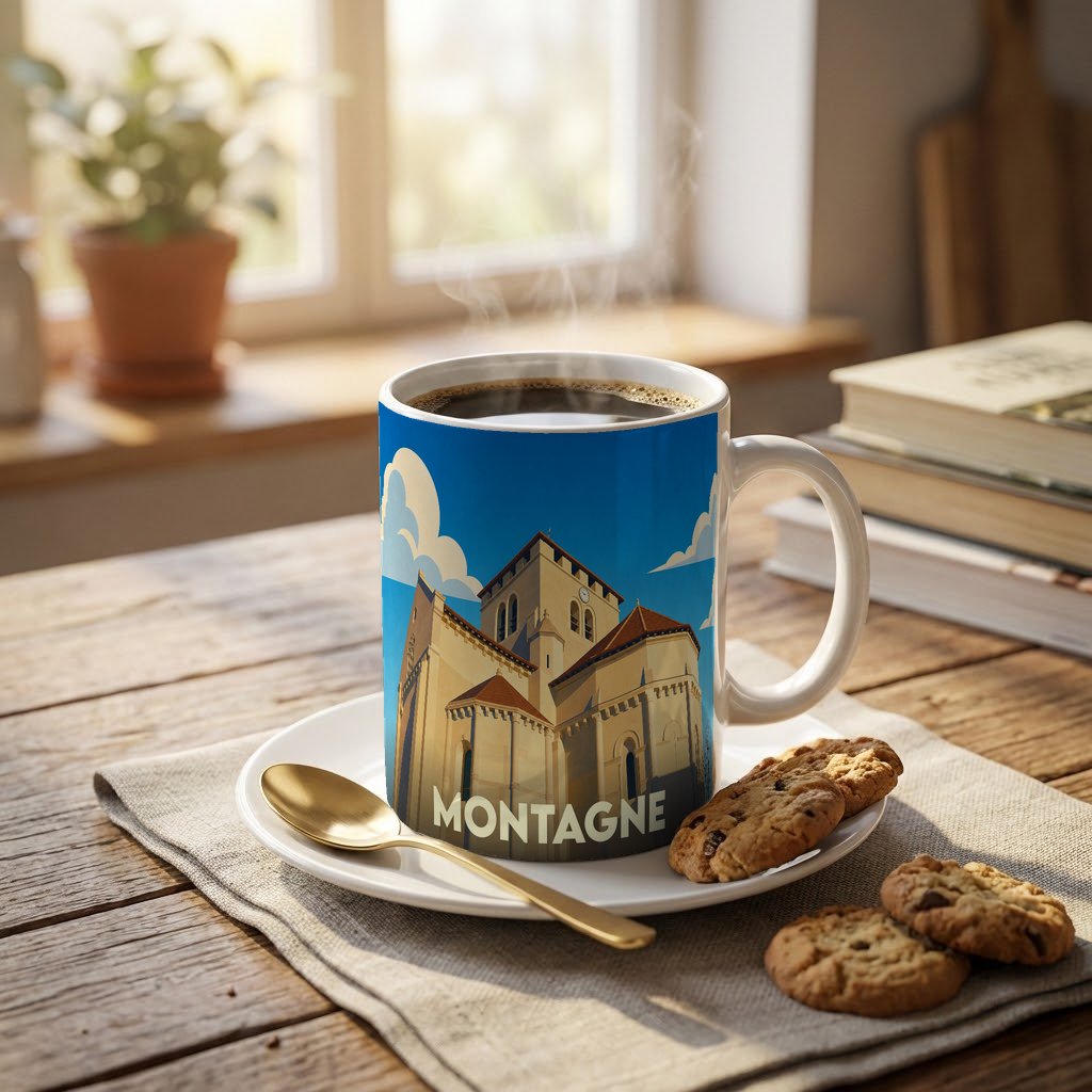 Mug souvenir de la ville de Montagne avec une illustration stylisée d'une église romane.