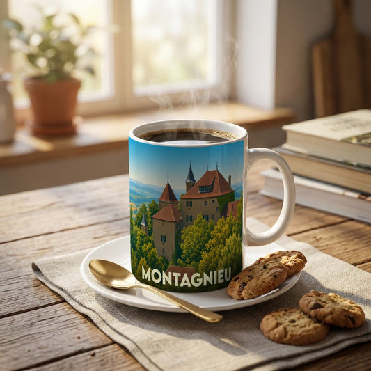 Mug souvenir de la ville de Montagnieu illustré d'un château niché dans une forêt verdoyante.