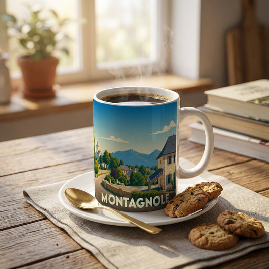 Mug souvenir de la ville de Montagnole avec une illustration stylisée de paysage de montagne.