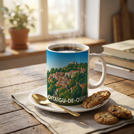 Mug souvenir de la ville de Montaigu-de-Quercy illustré d'un paysage de village perché.