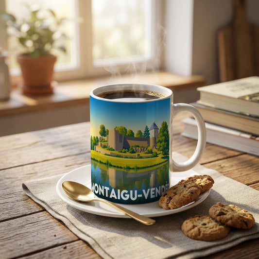 Mug souvenir de la ville de Montaigu-Vendée avec une illustration stylisée de ses remparts.