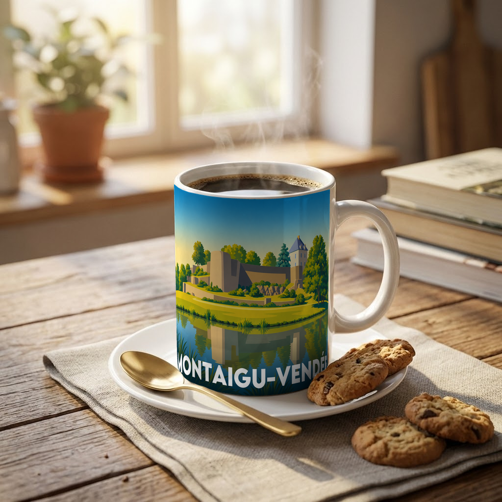 Mug souvenir de la ville de Montaigu-Vendée avec une illustration stylisée de ses remparts.