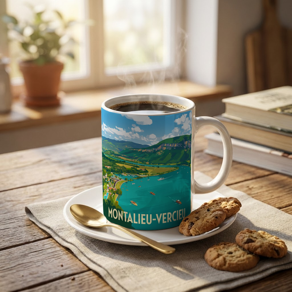 Mug souvenir de la ville de Montalieu-Vercieu avec une illustration stylisée de son paysage.