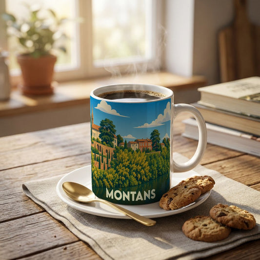 Mug souvenir de la ville de Montans orné d'une illustration stylisée de son paysage urbain et de sa végétation.