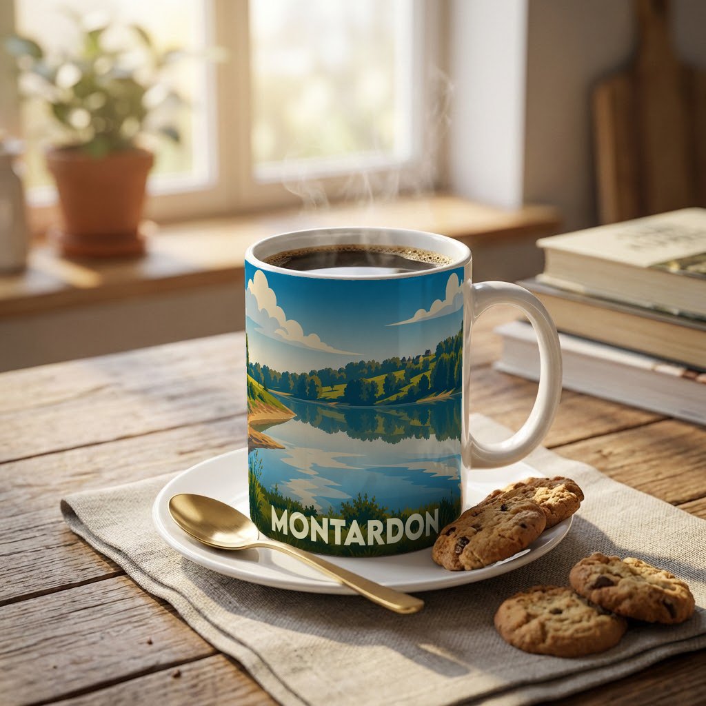 Mug souvenir de la ville de Montardon orné d'une illustration paysagère stylisée.