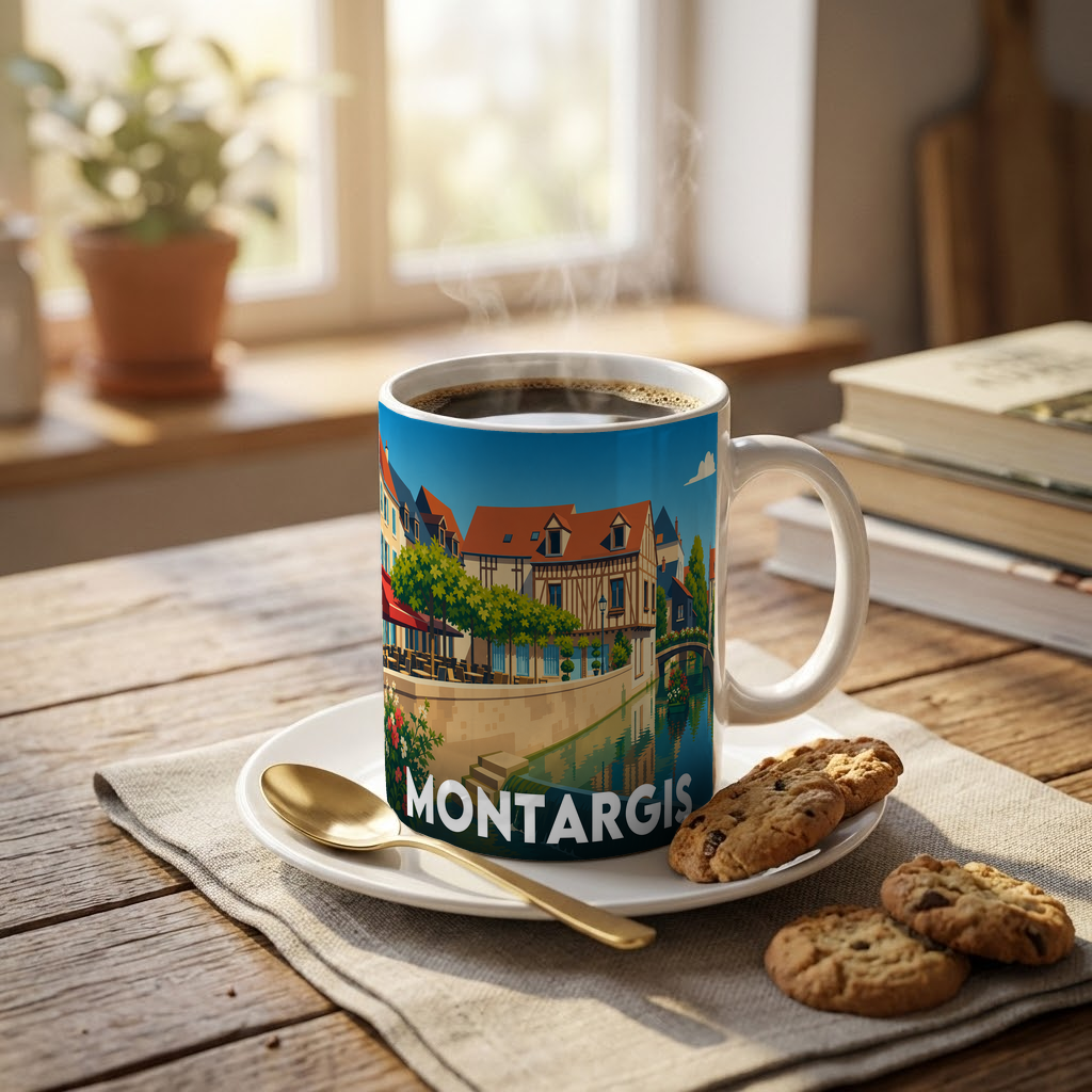 Mug souvenir de la ville de Montargis avec une illustration stylisée.