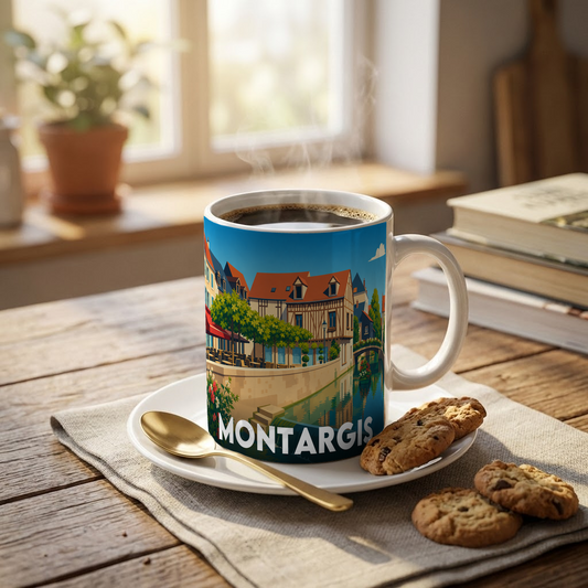 Mug souvenir de la ville de Montargis avec une illustration stylisée.