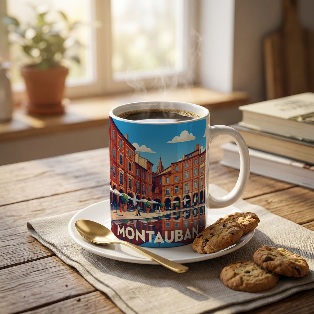 Mug souvenir de la ville de Montauban avec une illustration stylisée.