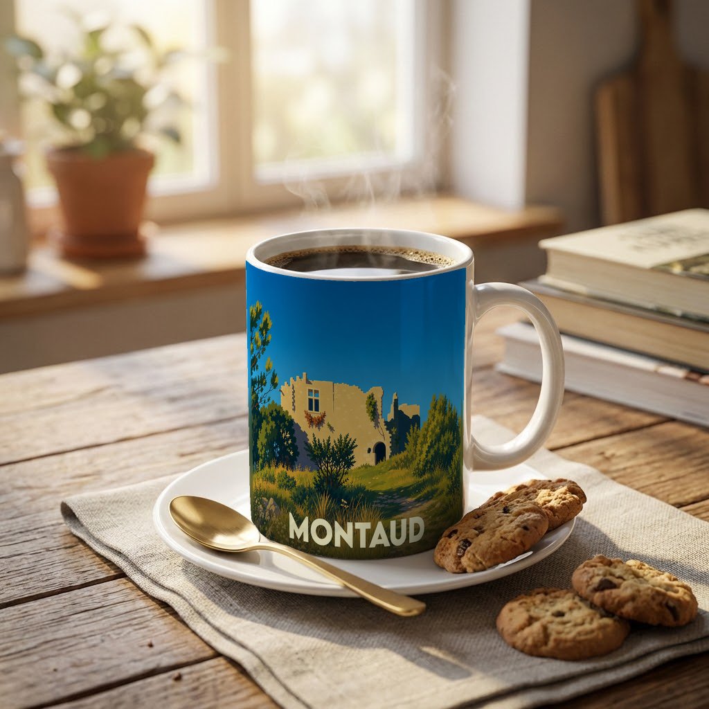 Mug souvenir de la ville de Montaud avec une illustration stylisée d'un paysage historique.