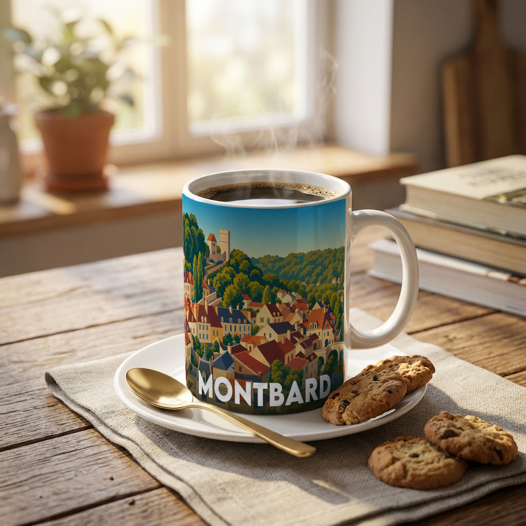Mug souvenir de la ville de Montbard avec une illustration stylisée.