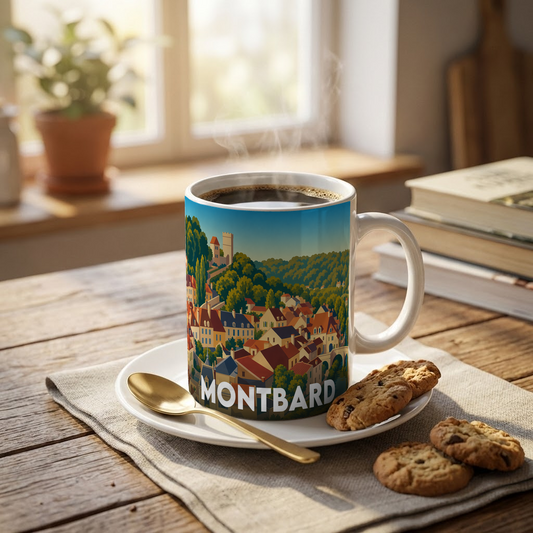 Mug souvenir de la ville de Montbard avec une illustration stylisée.