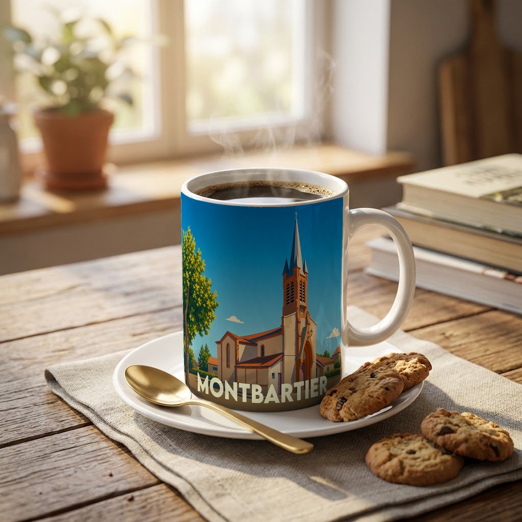 Mug souvenir de la ville de Montbartier avec une illustration stylisée de son église.