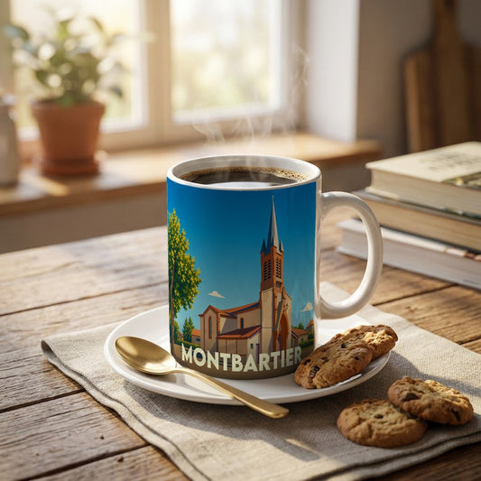 Mug souvenir de la ville de Montbartier avec une illustration stylisée de son église.