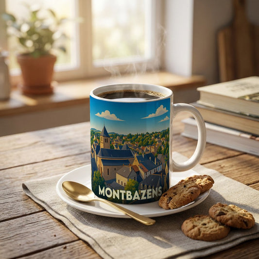Mug souvenir de la ville de Montbazens avec une illustration stylisée.